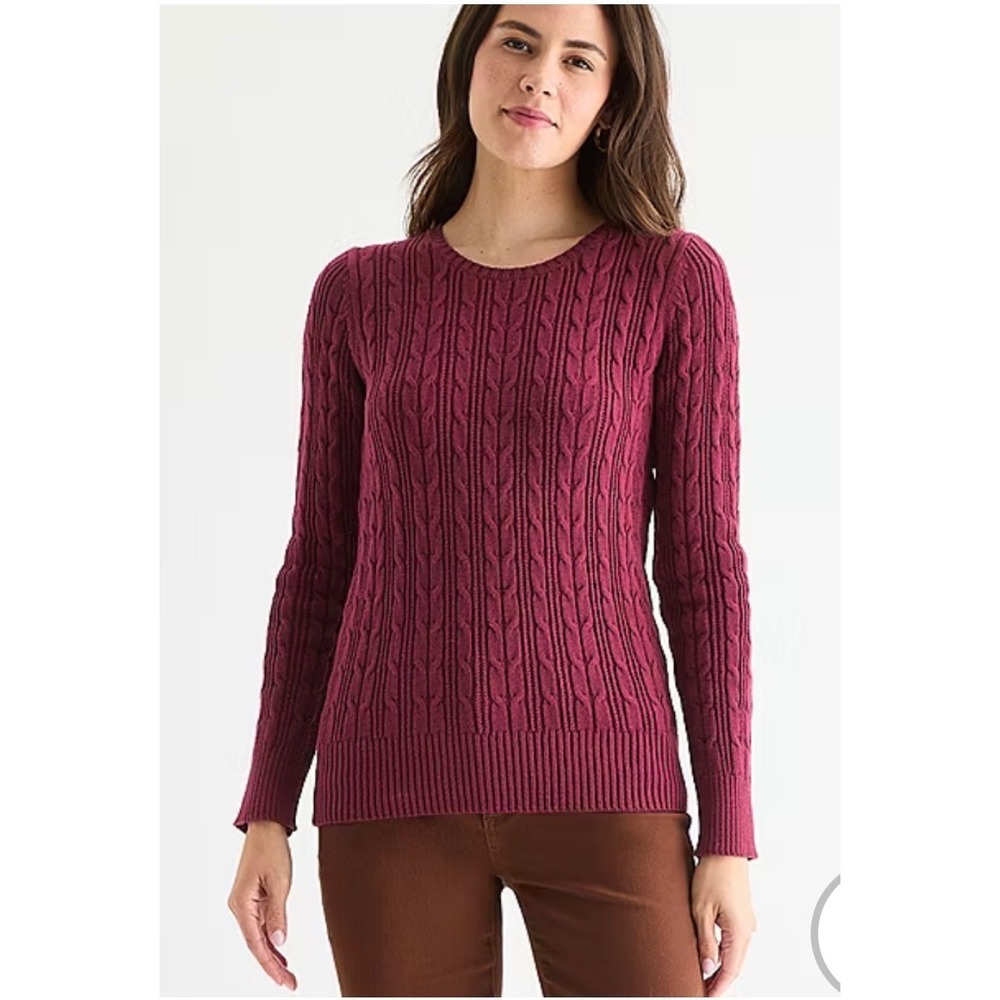 St Johns Bay Womens Cable Knit Sweater Berry Burgundy Crew Neck Long Sleeve S